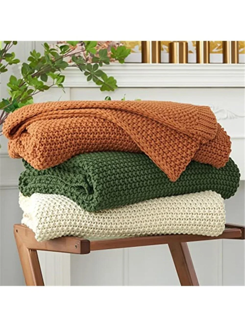 Burnt Orange Chunky Knit Throw Blanket 100 Cotton Cable Knit 51 x 63 Farmhouse